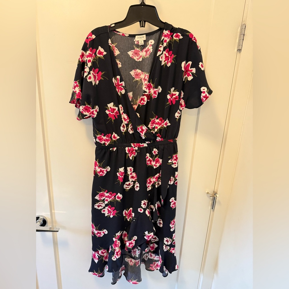 J. Crew Black Midi Dress with Pink and White Floral Pattern